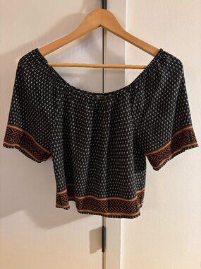 Forever 21 Boho Print Blouse | Black & Rust Patterned Short Sleeve Top